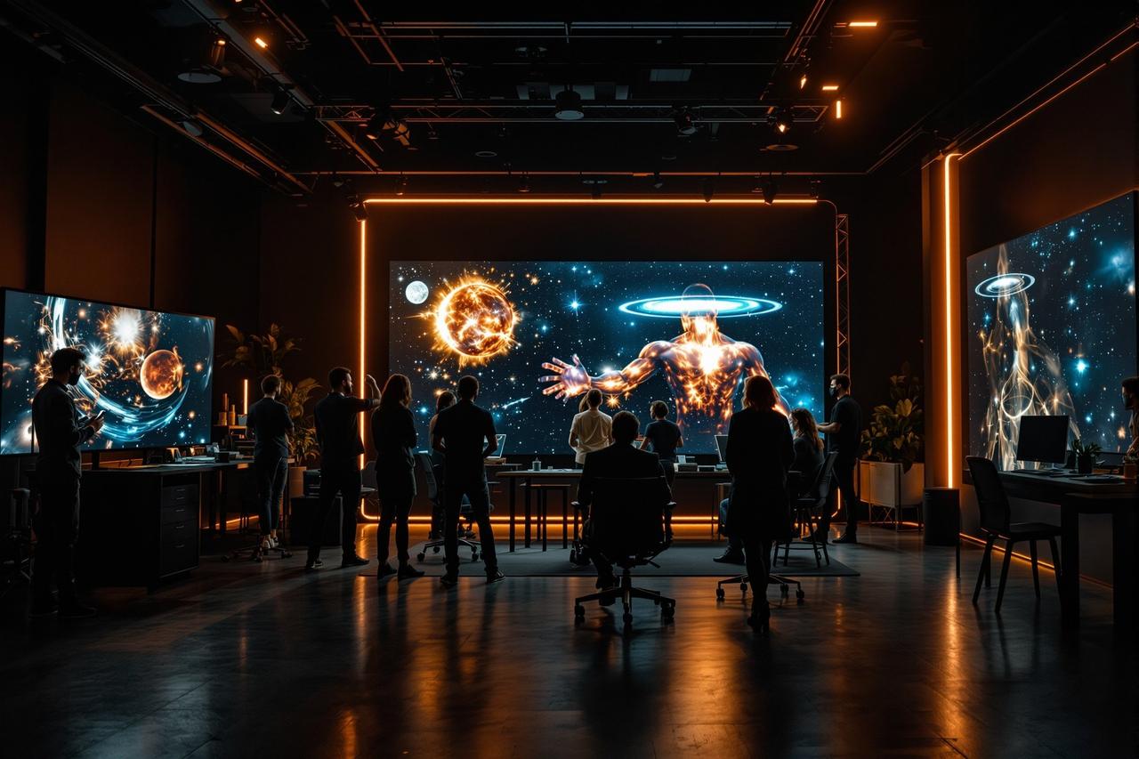 快活影院科研团队在现代化暗色调工作室协作，大屏幕显示宇宙可视化画面